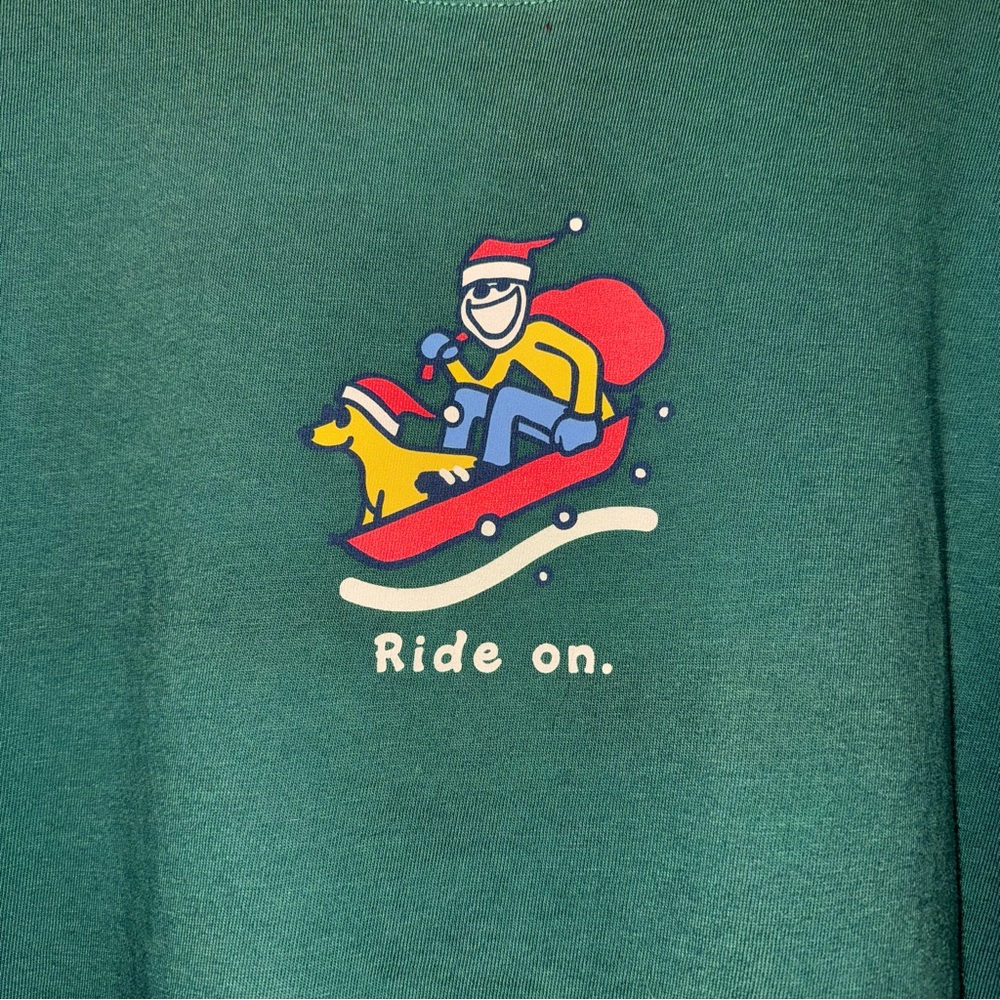 Life Is Good XL Long Sleeve Vintage Tee Women’s Green “Ride On” Rocket Sled Jake